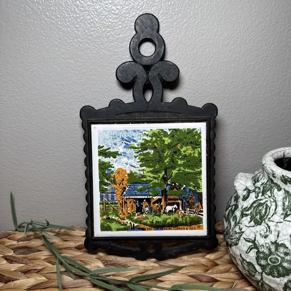 Currier & Ives Autumn in New England Cider Making Tile Trivet Shunlong Taiwan